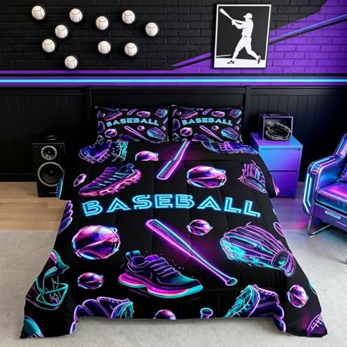 Image of Feelyou Baseball Theme Bedding Set Soft for Boys Girls, Blue Purple Comforter Set Toddler Size Baseball Bat Gloves Duvet Quilt Microfiber Games Shoes Bedroom Decor 2 Pcs with 1 Pillow Cases