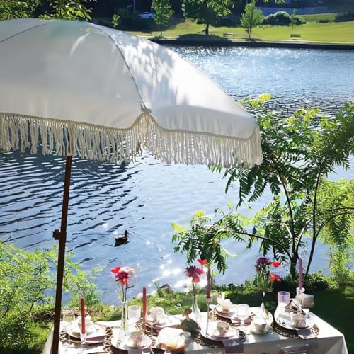 Image of AMMSUN 7ft Patio Umbrella with Fringe Outdoor Tassel Umbrella UPF50+ Premium Steel Pole and Ribs Push Button Tilt, Cream White