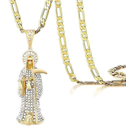 14k Yellow Gold La Santa Muerte Necklace For Women And Men - Holy Death's Pendant Necklaces, Santa Muerte Pendant With Chain, Holy Saint Death Religious Jewelry Gift2