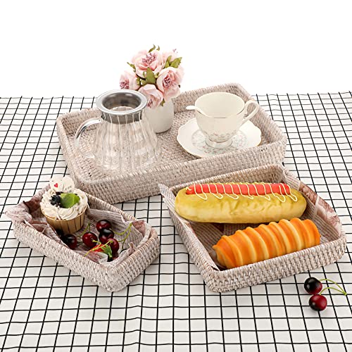 Hipiwe Set Of 3 Rattan Serving Tray Rectangular Woven Basket Tray Natural Wicker Decorative Tray Breakfast Fruit Storage Platter Tray For Coffee Table Bathroom Kitchen Counter, Brush White #TOP3