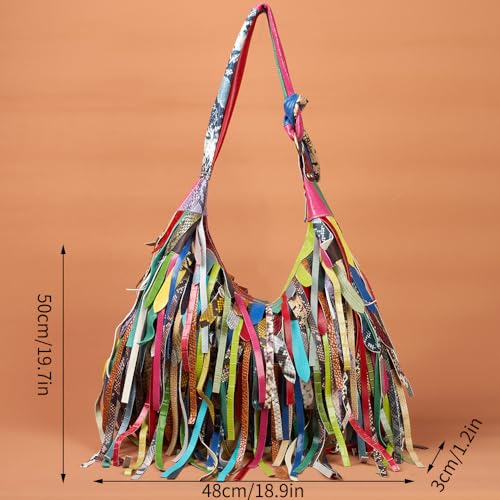 Women Multicolour Handbag Sheepskin Patchwork Shoulder Bag Colorful Tassel Purse2