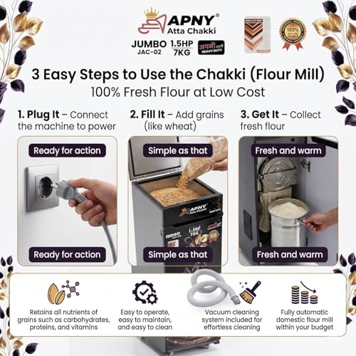 Image of Atta Chakki for Home | Domestic Flour Mill | 1HP Motor | Wheat, Rice & Millet Grinding | Multi Grain Grinding | Low Noise Heavy Duty Motor | 10 Kg /Hr Capacity | Fully Automatic (JAC02)