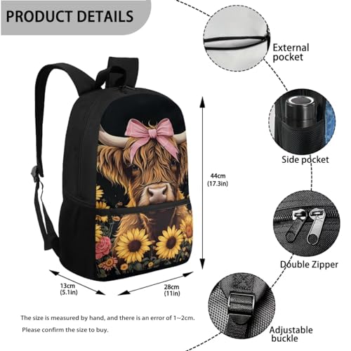 Highland Cow Kids School Backpack with Lunch Box 8-10/6-8 Black Bookbag Lunch Bag Pencil Pen Box Water Bottle Holder Kindergarten School Daycare Bag Satchel Bag 4pcs/set3