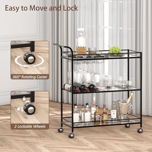 Image of Black Bar Cart, Home Bar Serving Cart with Handle, Wine Cart with 3-Tier Glass Shelves, Beverage Cart with Wine Rack and Glass Holder, Bar Carts for The Home, Dining Room, Living Room