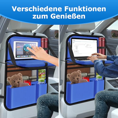 Image of Car Organiser, Pack of 2 Car Seat Organiser, Large Backrest Protection, Car, Children, Multifunctional, Waterproof, Back Seat Organiser with Folding Table, Tablet Bag and Many Pockets, Blue