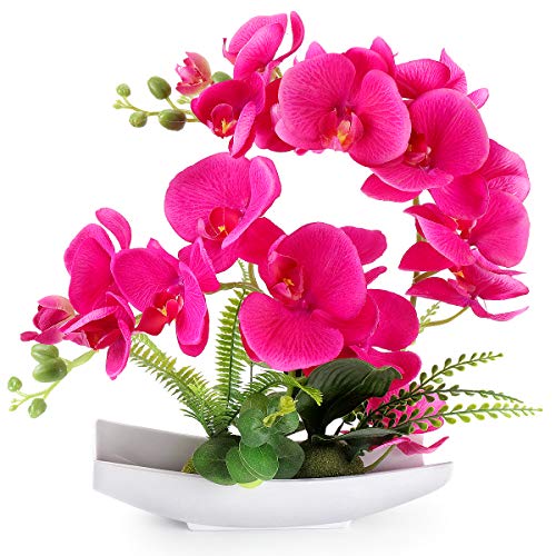 Yobansa - Orquídea decorativa con tacto real, flores artificiales bonsai con imitación de porcelana, macetas Phalaenopsis arreglos florales para decoración de hogar