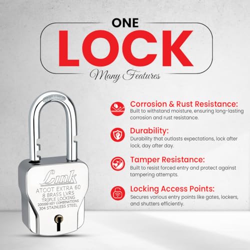 Image of Link Atoot Extra 60mm Triple Locking Mechanism Padlock, Hardened Shackle,with 3 Silver Keys
