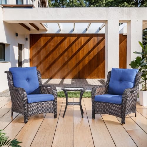 Outdoor Furniture Set Patio Wicker Chairs, 3 Peices Porch Rattan Furniture with Side Table, Deep Seating Patio Bistro Chair Sets (Blue Cushion)
