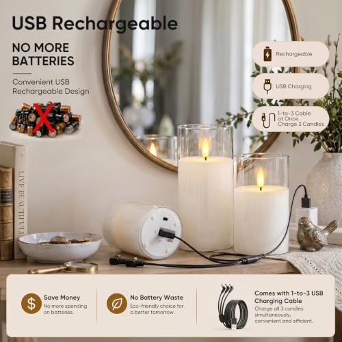 Image of Homemory Rechargeable Pure White Flameless Candles with Remote Timer, 3 Pack