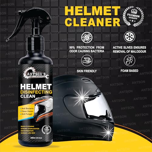 Image of Antson Helmet Cleaner Spray 250 ML, Helmet Interior Cleaner, Anti-Bacterial Spray for Helmet, Visor Cleaner, Anti-Bacterial Formula Protects Hair Loss and fungal infections (250 ml)