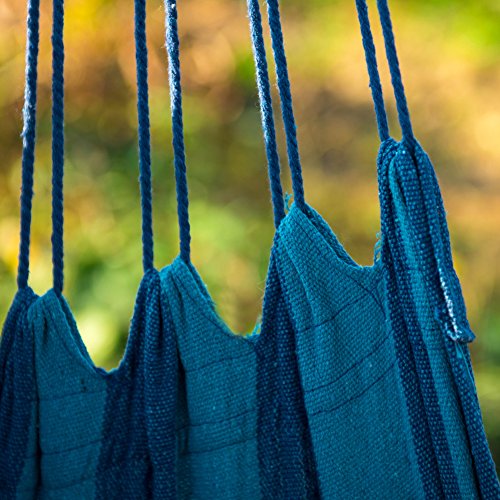 EverKing Hanging Rope Hammock Chair Porch Swing Seat, Large Hammock Net Chair Swing, Cotton Rope Porch Chair for Indoor, Outdoor, Garden, Patio, Porch, Yard - 2 Seat Cushions Included (Blue Stripe)