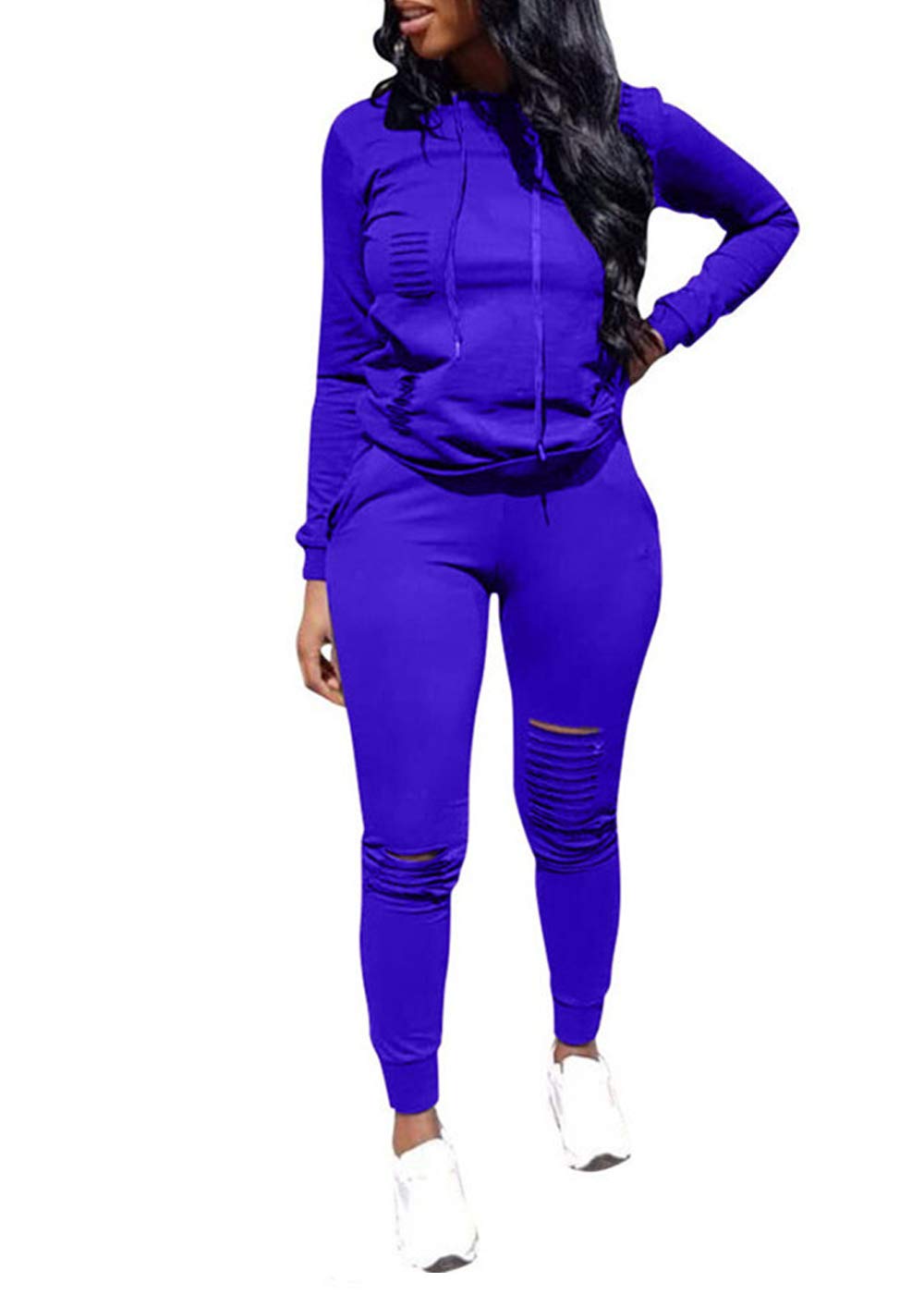 Women Casual Ripped Hole Pullover Hoodie Sweatpants 2 Piece Sport Jumpsuits Outfits Set