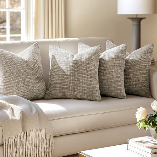 Image of MIULEE Pack of 4 Couch Throw Pillow Covers 18x18 Inch Khaki Soft Decorative Chenille Pillow Covers Farmhouse Accent Cushion Covers for Boho Home Decor Sofa Bedroom Living Room
