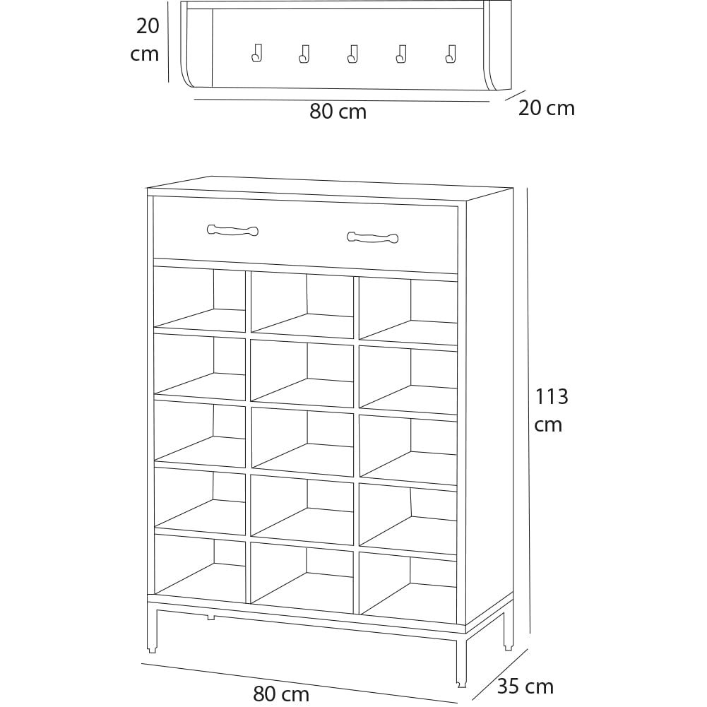 Shally Dogan Set Ingresso con Scarpiera e Appendiabiti da Parete, Mobile Portascarpe Autoportante con 1 Cassetto e Organizer 15 Scomparti, Attaccapanni a Muro con 5 Ganci, Corridoio, Bagno (Grigio)