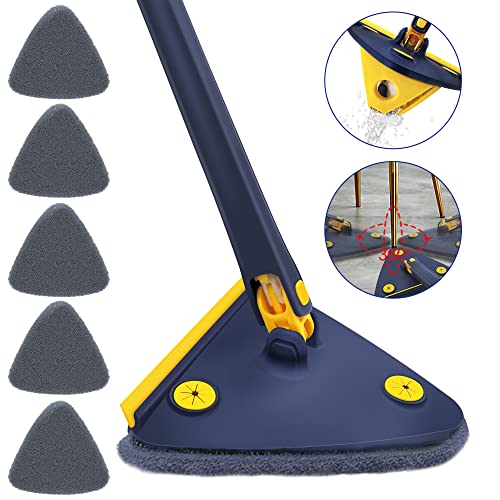 Triangle Rotatif à 360° Réglable, Vadrouille de Nettoyage Télescopique avec Fonction de Pressage Automatique à Eau 5 Chiffons de Nettoyage Serpillère Extensible en Microfibre