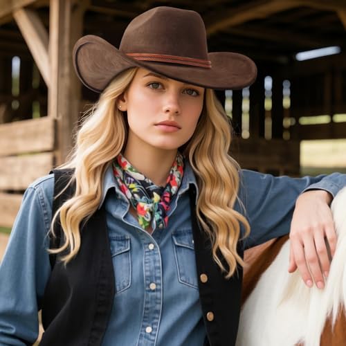 Image of DRESHOW Cowboy Hat for Women and Men Wide Brim Western Cowboy Cowgirl Hat with Belt Buckle Unisex Rolled up Caps