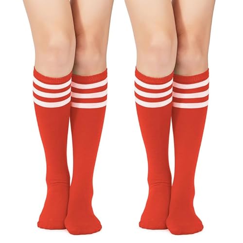 American Trends Calcetines hasta la rodilla para mujer, calcetines de tubo a rayas, calcetines deportivos de fútbol para jóvenes, Paquete de 2 unidades, rojo y blanco, Talla única