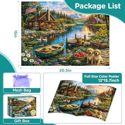 Rompecabezas de 500 piezas para adultos: Cabaña junto al lago con perros, paisaje montañoso y naturaleza miniatura 6