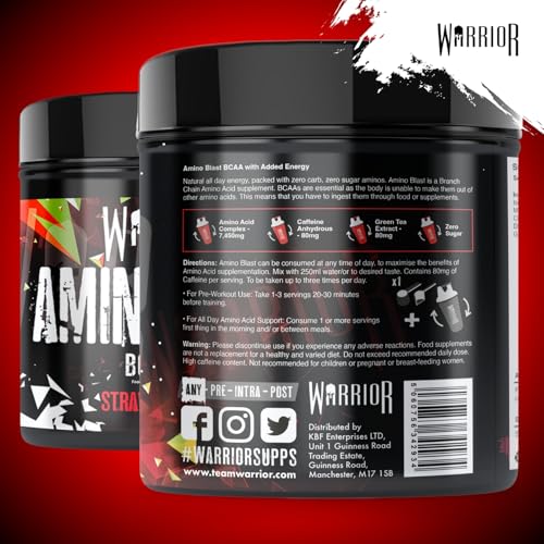 Warrior Amino Blast BCAA-Pulver 270 g (Erdbeer-Kiwi) – Aminosäuren-Supplement mit Koffein, Taurin, Glutamin– zucker- & kohlenhydratfrei – Pre- & Intra-Workout Drink für Muskelaturaufbau & Energie
