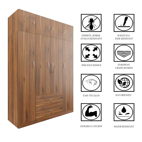 Image of VIKI Wardrobe | Wooden Almirah for Clothes,Door for Bedroom with Loft, 4 Door Wardrobe with Drawer & Hanging Space (Brussel Walnut - 40D x 160W x 220H) | 1 Year Warranty | Free Assembly