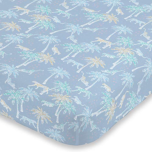 Image of NoJo Watercolor Tropical Cheetah, Elephant, Lion, Blue, White & Green Fitted Super Soft Crib Sheet, Blue, White, Green