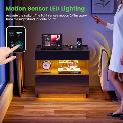 Image of HNEBC Black LED Nightstand with Gun Drawers&USB-C Port&Lights for Bedroom | Bedside table,Motion‑Sensor 3‑Color Lighting, Hidden Storage Compartment, USB, Type‑C Charging Station,hight-gloss