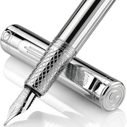 Scriveiner Silver Chrome Fountain Pen - Award-Winning Luxury Writing Instrument with Schmidt Nib, Heavy Pocket Design, Converter - Best EDC Gift for Men and Women