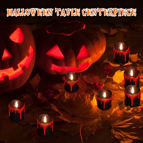 Image of Halloween Black Votive Candles Battery Operated with Long Lasting CR2450 Batteries, LED Flameless Flickering Candles with 6H Timer, 6Pcs Black and Red Drip Wax Candle Gothic Home Decor