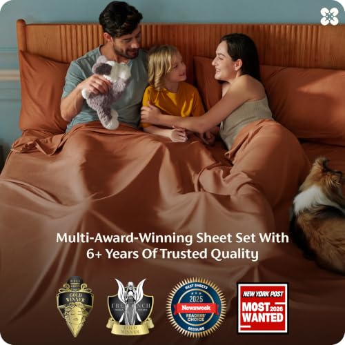 Image of Bedsure Queen Sheet Set, Rayon Derived from Bamboo, Cooling Sheets, PureWoven, Breathable & Soft, Deep Pocket Up to 16 Inches, Hotel Luxury Silky Bedding for Hot Sleepers, Burnt Orange