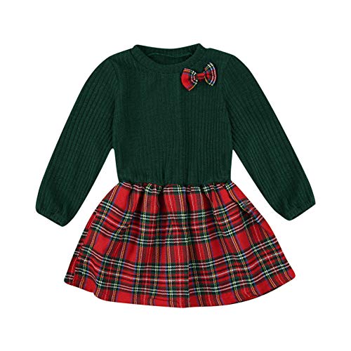 Toddler Baby Girl Knit Sweater Dress Kids Solid Color Ribbed Ruffle Long Sleeve Dresses Top Fall Winter Outfits (H-Green Knit Plaid Dress, 6-7T)