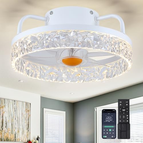 Image of White Ceiling Fans with Lights and Remote - Low Profile Flush Mount Ceiling Fans - 13 inch Modern Bladeless Enclosed Ceiling Fans with Led Light and Stepless Dimming, White Small Ceiling Fan for Bedroom