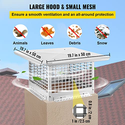 Vevor Chimney Cap, 13" X 13" Flue Caps, 304 Stainless Steel Fireplace Chimney Cover, Adjustable Metal Spark Arrestor With Bolts Screws, Mesh Chimney Flue Cover For Outside Existing Clay Flue Tile #TOP4