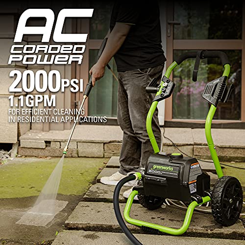 Image of Greenworks 2000 PSI (1.1 GPM Max) Electric Power Washer (25, 40, Soap Nozzle) For Use On Decks, Fences, Concrete Patios, Sidewalks & More. Medium-Duty