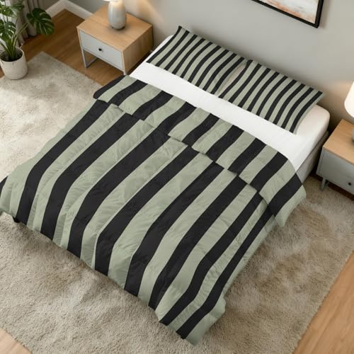 Bold Striped Comforter Set Cal King Size 3Pc, Green Black
