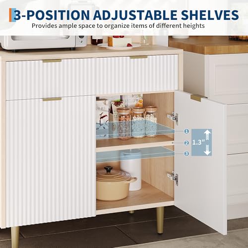 Fluted Sideboard Buffet Cabinet with Storage, Modern Coffee Bar Cabinet with Adjustable Shelves & 2 Drawers, Wood Buffet Console Table for Kitchen Dining Living Room Entryway Hallway, Natural