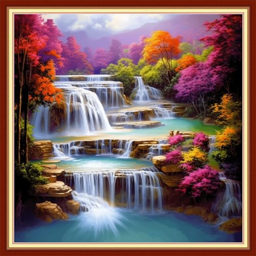 Image of Disxvivy Cross Stitch Stamped Full Embroidery Kits DIY 11CT Cotton Thread Printed DIY Needlepoint Kits Craft Needlework Set Cross-Stitch Stamped Sets-Vernal Fall 18x18 inch