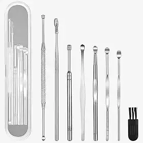 Kit 8 Peças Removedor De Cera De Ouvido Inox Com Estojo – Espátula, Cureta, Espiral, Escova Reutilizável