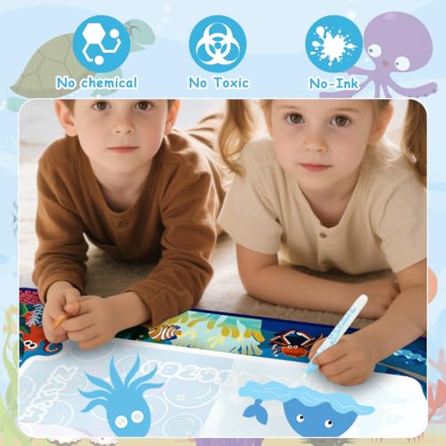 Image of Magic Water Doodle Mat for Kids, Reusable Cartoon Toddler Alphabet Practicing Writing Board with Water-Based Pens, Templates, Guiding Book, Shape Models (60 * 40cm Deep-Sea Animals)