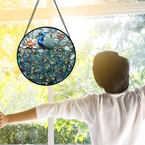 Image of DASTOLL Stained Glass Window Hanging,Bonfire Beach Landscape Suncatcher Diamond Glass Panel Sun Catchers Decor for Birthday for Women, Men, Wife, Aunt, and Mom 6.3 in