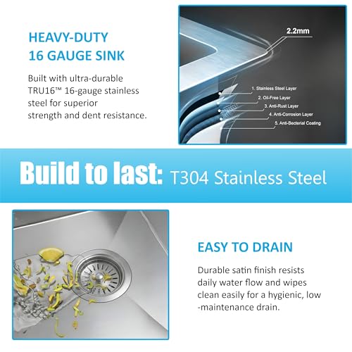 Image of Fossa Aqua 21 inchx18 inchx09 inch Inch Single Bowl Handmade Kitchen Sink 25-Year Warranty AISI 304 Stainless Steel, 2.2mm Thickness, Includes Colander, Coupling & Waste Pipe Set Silver (Matte finish)