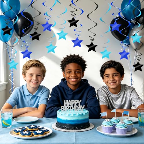 Image of BEISHID Black Blue Stars Hanging Swirls Pre-Strung Stars Hanging Decorations for Baby Shower Retirement Bachelor Men Birthday Graduation Decorations Supplies,Pack of 15