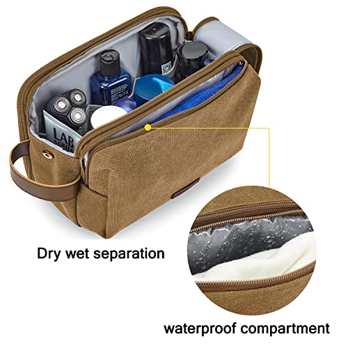 Image of BAGSMART Toiletry Bag for Men, Canvas Travel Toiletry Organizer Dopp Kit Water-resistant Shaving Bag for Toiletries Accessories, Khaki, Large, Basic /Leisure