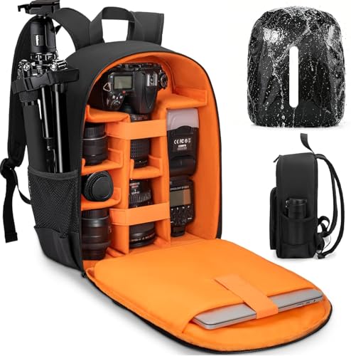 Mochila para cámara DSLR con cubierta impermeable, negro naranja