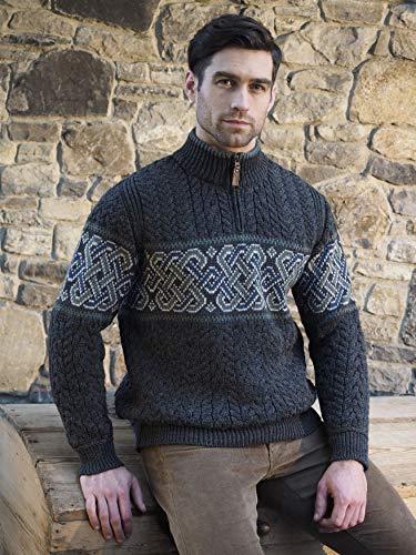 Aran Crafts Men's Irish Cable Knit Half Zip Jacquard Sweater (100% Merino Wool)2
