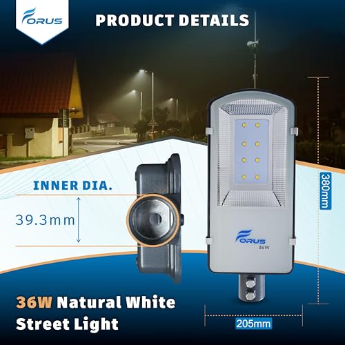Image of Forus LED Street Light 36W - Waterproof Outdoor Street Lamp, Natural White, 5-Year Warranty, Energy-Saving 36 Watt LED for Home, Garden, Road & Street Lighting (1 Pc)