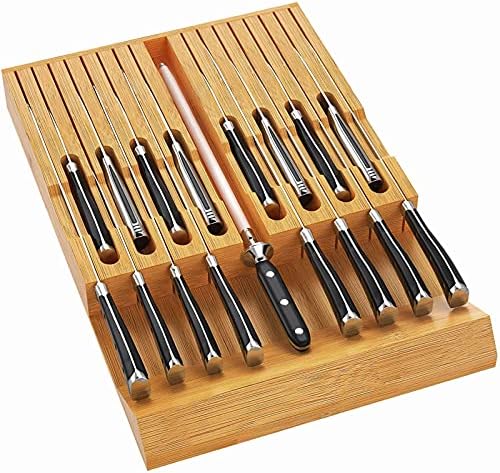 FURNINXS Bamboo Knife Block In-drawer Holds 16 Knives, Kitchen Knife Organizer Holder with Slot for Knife Sharpener, Large Handle Steak Knife Storage Insert without Knives for Home & Chef