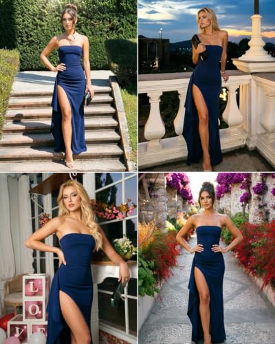 Image of Women's Sexy Strapless Backless High Split Long Maxi Dress Ruched Off Shoulder Sleeveless Bodycon Party Cocktail Dresses