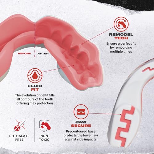 Image of SAFEJAWZ Mouthguard Slim Fit, Adults and Junior Mouth Guard with Case for Boxing, Basketball, Lacrosse, Football, MMA, Martial Arts, Hockey and All Contact Sports (Pink Fangz, Youth (Up to 11 Years))