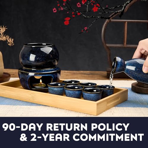 DUJUST 11 tlg. Japanisches Sake Set für 6 Personen, Ofengealterte Glasur Porzellan Sake Set, 6 Tassen, 1 Flasche, 1 Wärmer, 1 Kerzenständer, 1 Tablett & 1 Box, Warme Karaffe - Dunkelblau