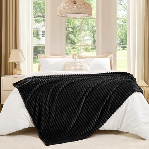 Image of BEDELITE Fleece Throw Blanket for Couch - 3D Ribbed Jacquard Soft and Warm Decorative Fuzzy Blanket - Cozy, Fluffy, Plush Lightweight Black Throw Blankets for Bed, Sofa, 50x70 inches